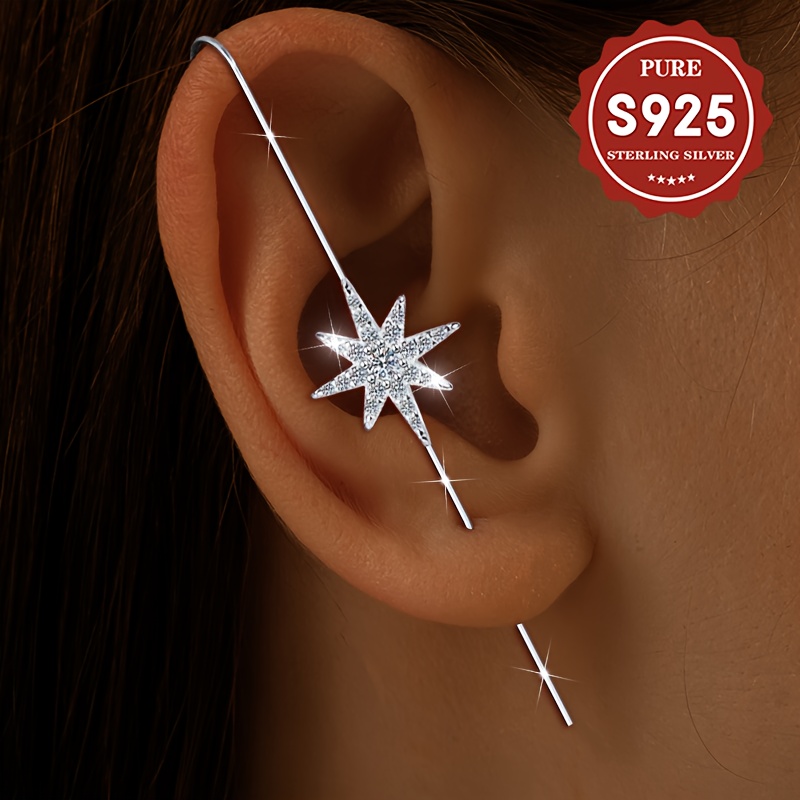 Women's S925 Silver Hexagram Long Bar Ear Hook Earrings